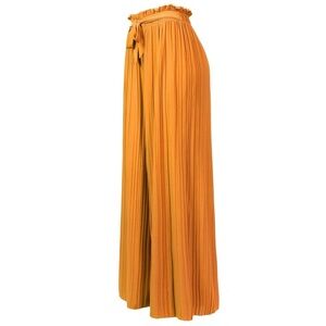 Design by Olivia Ribbon Tie Chiffon Loose Pleated Wide Leg Palazzo Pants Mustard